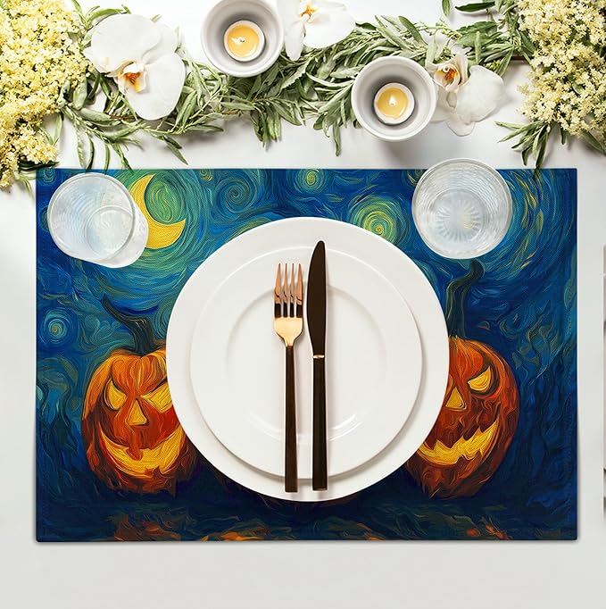Halloween Placemats Set of 4 Pumpkin Vincent Van Gogh Starry Night Art Linen Table Mats 12x18 Inch Jack O Lantern Farmhouse Place Mats for Party Kitchen Dining Outdoor Indoor Decor-Ruum Studio Home