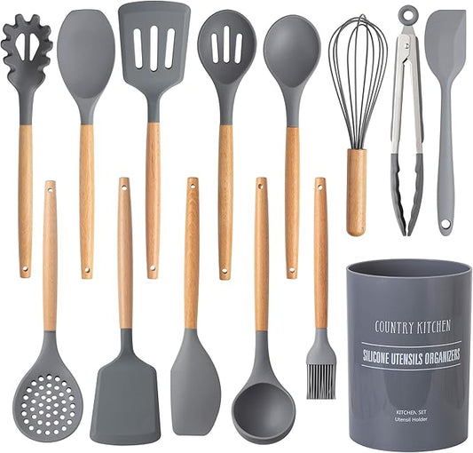 Country Kitchen Non Stick Silicone Utensil Set with Rounded Wood Handles for Cooking and Baking, 14 Piece Set, Gray-Ruum Studio Home