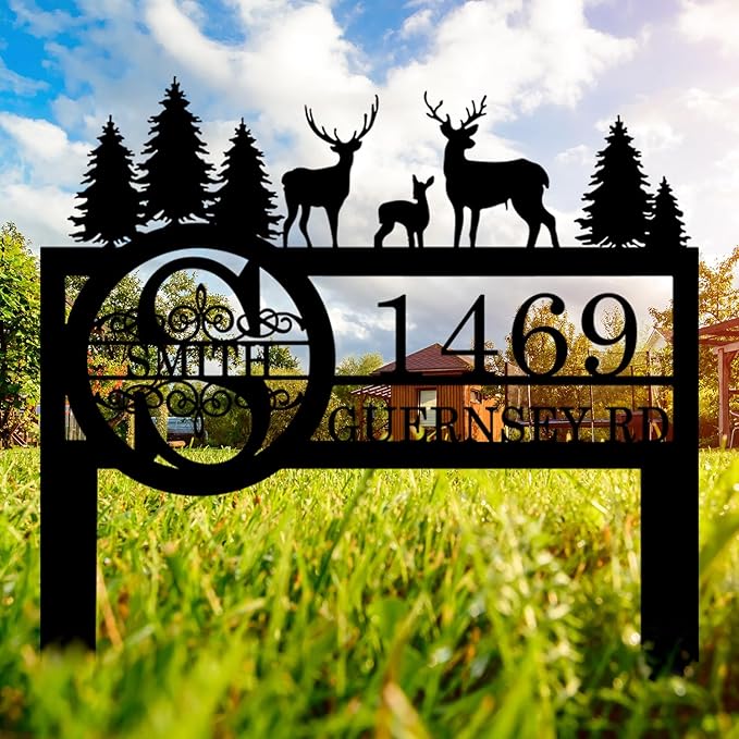 Personalized Deer Custom Garden Address Sign with Metal Stake, Housewarming Gift, Outside Camping Decor-Ruum Studio Home