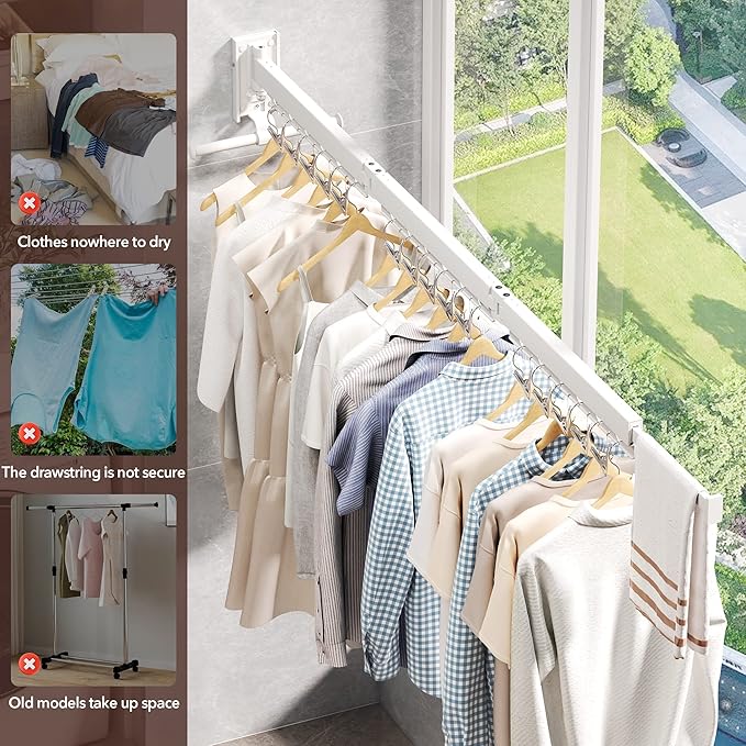 Wall Mounted Clothes Hanger,Clothes Drying Rack,Laundry Rack Wall Mount,Drying Rack Clothing,Clothes Rack Retractable,Collapsible(Tri-Fold), with Windproof Holes & Clips,White Color-Ruum Studio Home