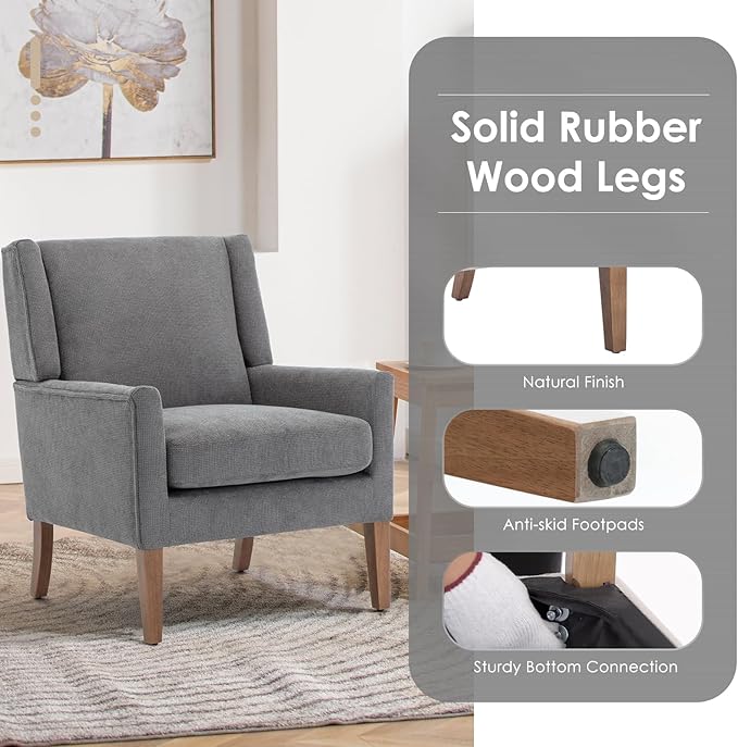 COLAMY Modern Wingback Living Room Chair, Upholstered Fabric Accent Armchair, Single Sofa Chair with Lounge Seat and Wood Legs for Bedroom/Office/Reading Spaces, Gery-Ruum Studio Home