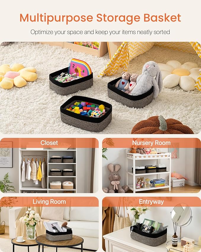 KALLAX Small Woven Basket, 12 x 8 x 4.5 Inches, Storage Basket for Organizing, Cute Small Rope Shelf Closet Cube Storage Bins Baskets for Shelves, Dog Toy Gift Baskets Empty, 3 Pack Black & Brown-Ruum Studio Home