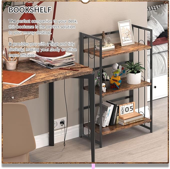 4NM No Assembly 3 Tiers Folding Bookshelf, 35" H Foldable Storage Shelves Vintage Bookcase Standing Racks Study Organizer Home Office - Rustic Brown Black-Ruum Studio Home