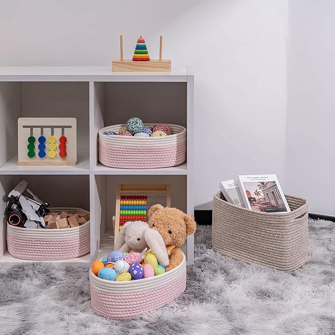 Off White&Mixed Pink Shelf Basket to Store and Organize Household Items/Baskets&Bins for Daily Storage &Organizing/Woven Rope Basket for Bedroom,Playroom/Small Oval-13x8.66x5.11’’,3 Packs-Ruum Studio Home
