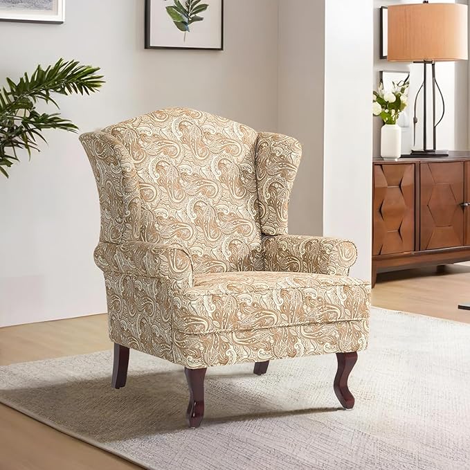 Accent Chair, High Back Upholstered Armchair with High Resilience Sponge & Wood Legs, Mid-Century Modern Comfy Single Sofa Reading Chairs for Living Room, Bedroom (Floral Sand, Set of 2)-Ruum Studio Home