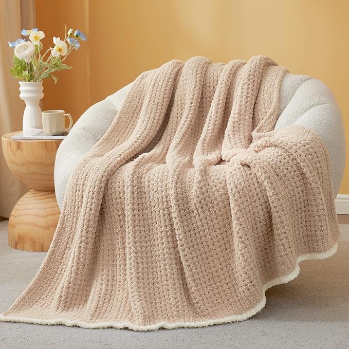 Snuggle Sac Waffle Throw Blanket for Couch Bed Sofa 50x60 inches, Reversible Beige Blanket Microfiber Fluffy Fuzzy Cozy Knit Soft Throws for Women Mothers Birthday Gifts-Ruum Studio Home