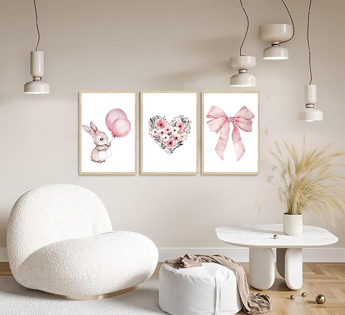 3Pcs Cute Bunny Canvas Wall Art Pink Bow Easter Poster Prints Love Wildflowers Picture Decoration for Nursery Girl Bedroom Children's Room Easter Gifts for Kids Unframed-Ruum Studio Home