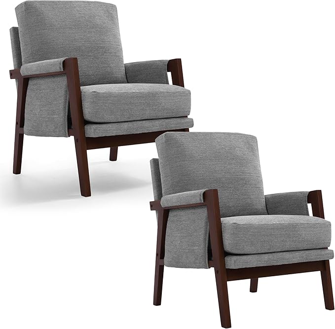 Modern Accent Chairs Set of 2 for Living Room Mid Century Arm Chairs Upholstered Bedroom Chairs Comfy Lounge Chairs with Solid Wood Frame, Grey-Ruum Studio Home