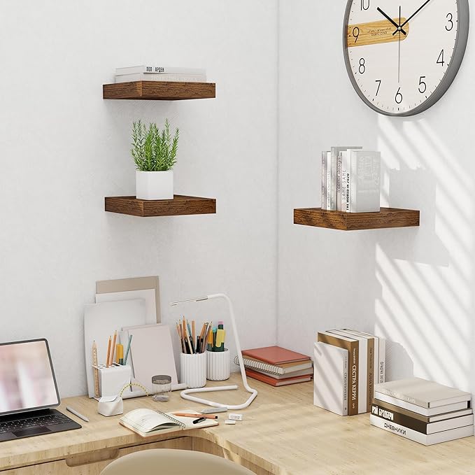 Fun Memories Floating Shelves for Wall - 10" x 10" Wood Shelf with Invisible Bracket - Deep Floating Shelves - 10 Inch Shelf Wall-Mounted for Living Room & Bathroom - Rustic Brown - Set of 2-Ruum Studio Home