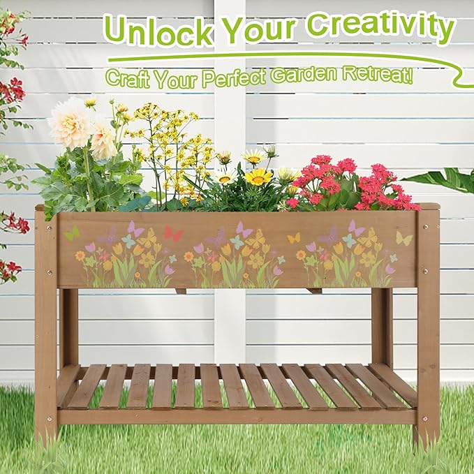 Raised Garden Bed with Legs - Elevated Wooden Planter Box, Durable Fir Wood, Reinforced Frame with Drainage Holes, Liner, and Storage Shelf for Vegetables, Herbs, Flowers, 47" x 23" x 30"-Ruum Studio Home