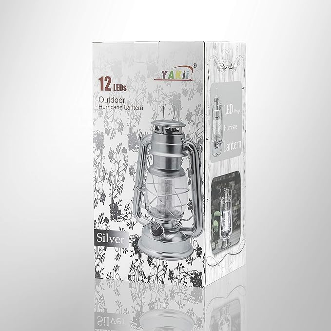YAKii LED Vintage Metal Hanging Hurricane Lantern - 12 LED Dimmer Switch, Cold White Battery Operated for Power Outage Indoor Camping Outdoor Decoration (Silver Pack of 8)-Ruum Studio Home