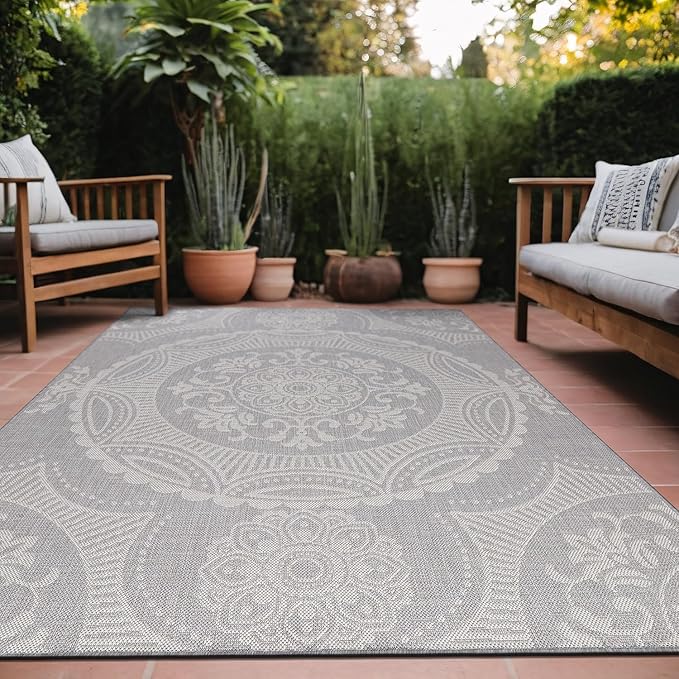 Medallion Outdoor Rug 10x14 Washable Outside Carpet for Indoor Patio Porch Waterproof Easy Cleaning Non Shedding Area Rugs Gray 10 x 14-Ruum Studio Home