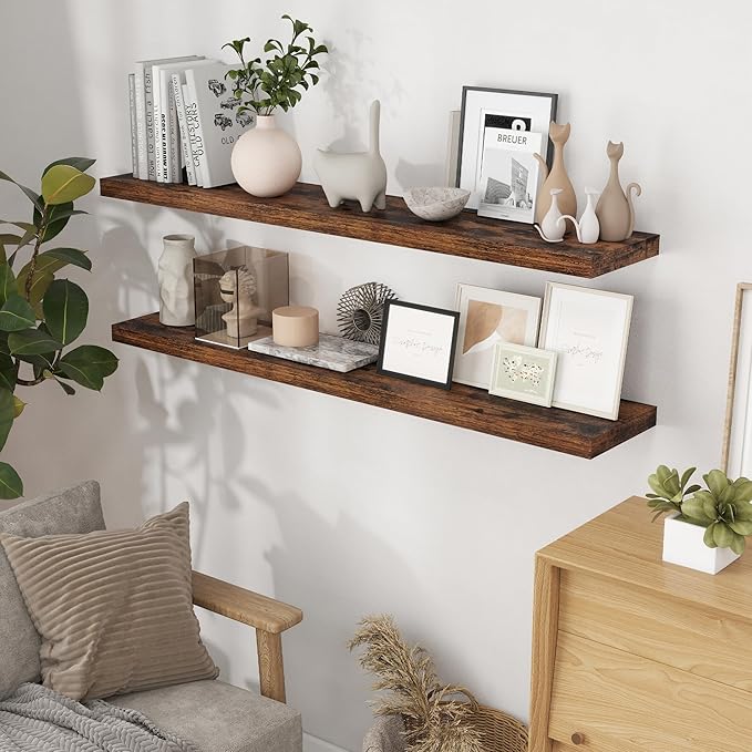Floating Shelves 55 Inch Long, 55"W x 9"D Wall Shelf Invisible Bracket, 9 Inch Deep Floating Shelf for Wall, Rustic Wooden Shelves for Living Room, Kitchem, Bedroom, Rustic Brown Color, Set of 1-Ruum Studio Home
