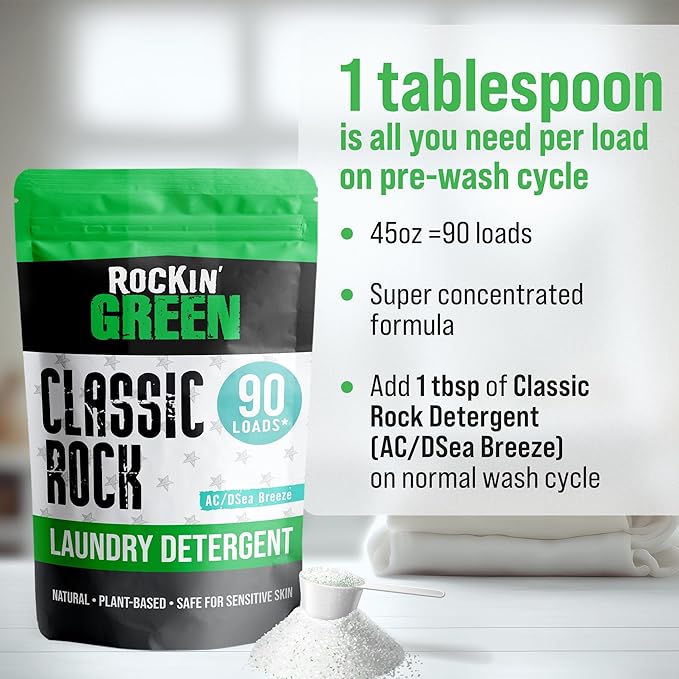 Rockin' Green Classic Rock Laundry Detergent (90 Loads), Plant based, All Natural Laundry Detergent Powder, Vegan and Biodegradable Odor Fighter, Safe for Sensitive Skin, 45 oz (AC/DSea Breeze)-Ruum Studio Home