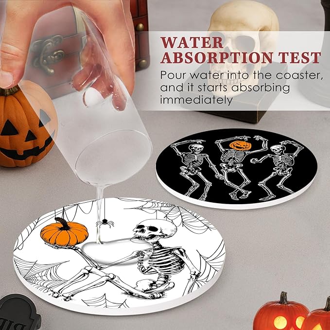Coaster for Drinks Set of 6, Happy Fall Absorbent Round Ceramic Stone Mat, with Cork Base and Metal Holder-Ruum Studio Home