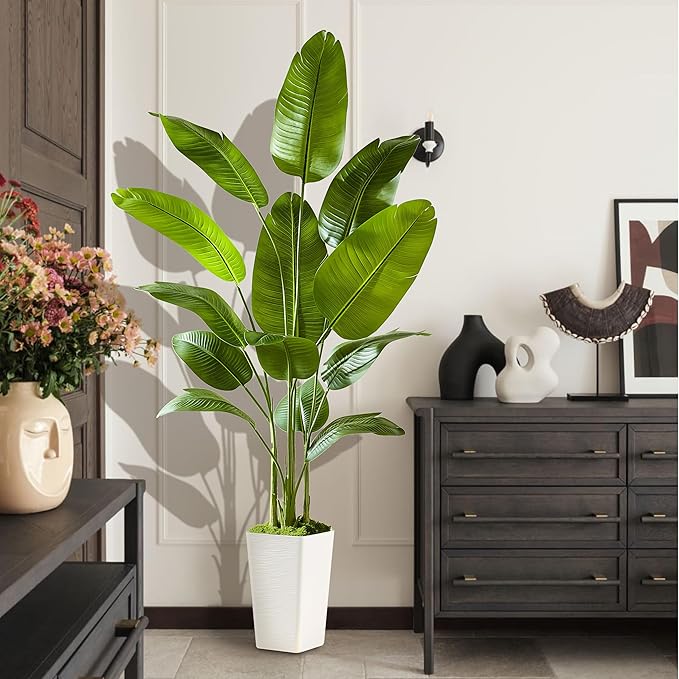 Fake Bird of Paradise Silk Artificial Plant Faux Banana Leaf Tree Lifelike Bird of Paradise for Home Decor Indoor Floor Plant with 10 Trunks (1, White Tall Planter, 6 FT)-Ruum Studio Home