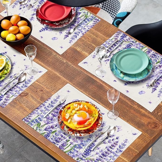 Lavender Placemats Set of 4 Purple Flower Butterfly Linen Fabric Table Mats Seasonal Spring Summer Rustic Floral Placemat Farmhouse Decorative Washable Place Mats for Home Kitchen Dining Table-Ruum Studio Home