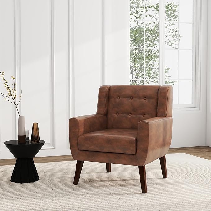 UIXE Faux Leather Accent Chair, Morden Upholstered Armchair for Living Room, Button Tufted Arm Chair Comfy Single Sofa Bedroom Side Reading Seat - Coffee-Ruum Studio Home