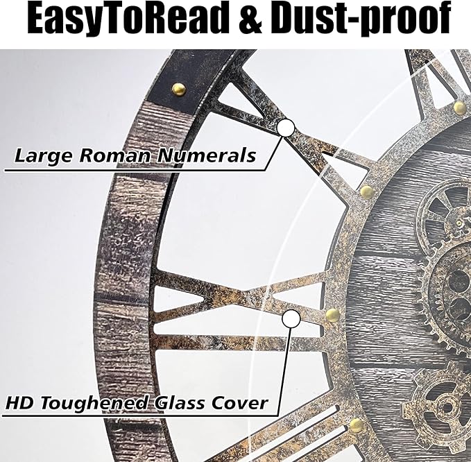 DORBOKER 36" Extra Large Wall Clock with Moving Gears, Oversized Giant Industrial Steampunk Rustic Clocks for Wall Decor Living Room Home Office, Solid Wood Retro Metal,Carbon Grey-Ruum Studio Home