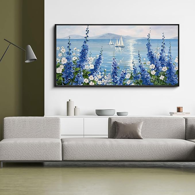 XLSJERST Sailboat Wall Art - Blue Canvas Abstract Painting Textured Picture Artwork Vintage Nautical Flower Painting Coastal Modern Print 20"x40" Frame for Living Room Bedroom Office Home Decoration-Ruum Studio Home