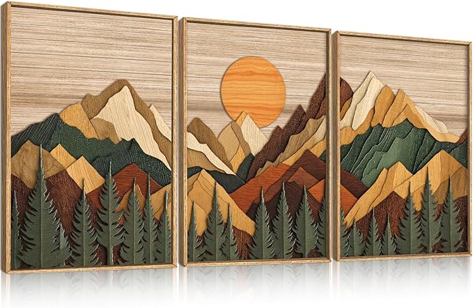 Celestdeco Woodcut Style Mountain Framed Canvas Wall Art Set, Large Brown Ridge Wall Decor, Boho Pine Tree Wall Painting, Abstract Wooden Art Print for Living Room, Bedroom, Office - 24"X36"X3(Not-3D Effect)-Ruum Studio Home