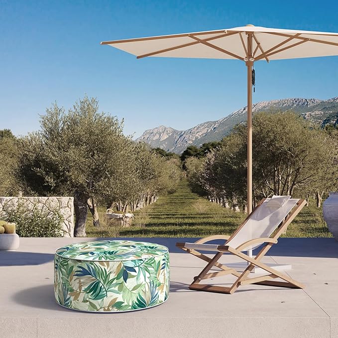 Inflatable Ottoman Stool D31 xH14 for Outdoor/Indoor Use, Water Repellent Patio Foot Rest Stool with Portable Handle,Round Pouf Ottoman Suitable for Garden,Deck and Camping - Lush Leaf Green-Ruum Studio Home