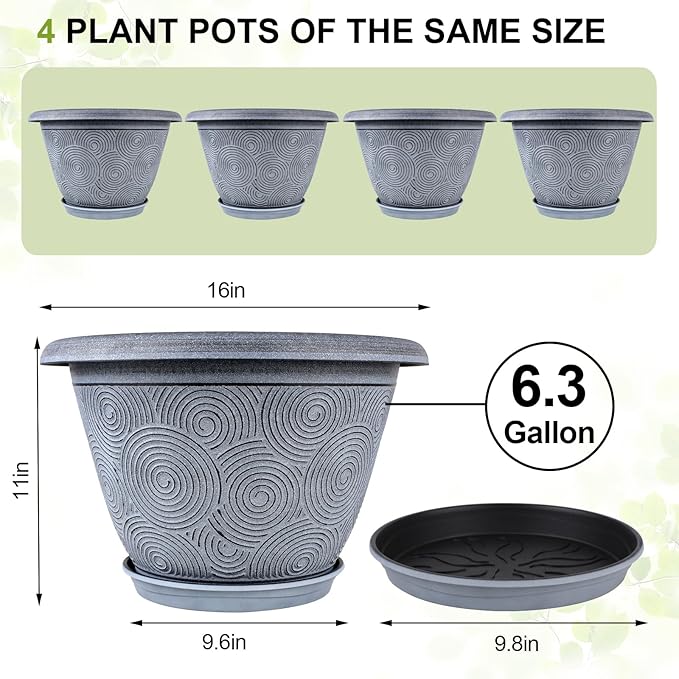 16 Inch Large Planter Pot for Plants Indoor Outdoor, 4 Pack Plastic Flower Pots with Drainage Hole & Tray, Modern Decorative Garden Pot with Saucer, Plant Container for House-Ruum Studio Home