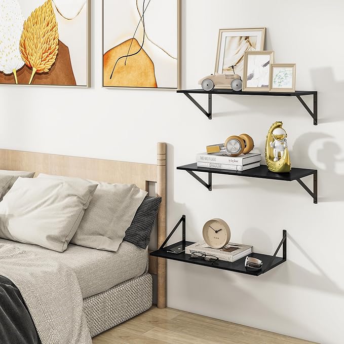 Heimlove 24" W x 12" D Wall Shelves for Books, 12 Inch Deep Floating Shelves Set of 3, Wide Floating Bookshelf with Metal Bracket for Living Room, Kitchen, Office, Bedroom and Decor Storage - Black-Ruum Studio Home