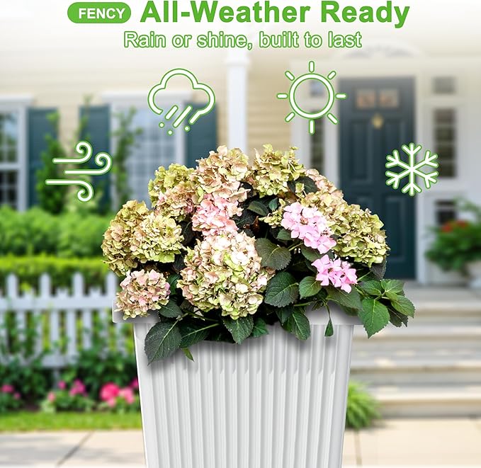 FENCY Set of 2 Tall Planters for Outdoor Plants, 24 Inch Large Tapered Pots with Drainage Trays, Weather-Resistant Plastic Plant Containers for Patio, Porch, Garden, Front Door Decor,White, Striped-Ruum Studio Home