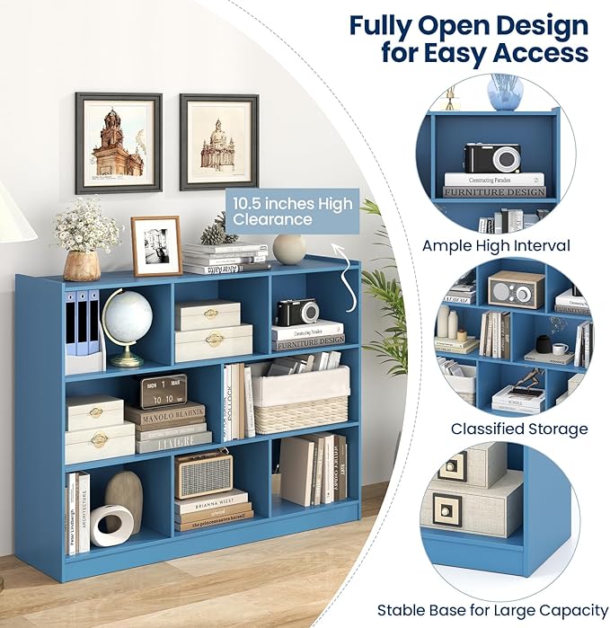 Tangkula 8-Cube Bookcase, Wood 3 Tier Open Storage Bookshelf, Modern Multipurpose Display Cabinet for Living Room, Study, Reading Nook, 48 x 12.5 x 36.5 Inch (Bright Blue)-Ruum Studio Home