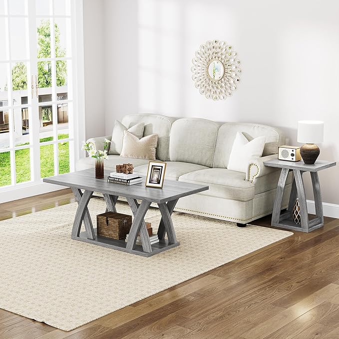 47” Wood Coffee Tables for Living Room Rustic Stands with Storage Shelf Grey Coffee Tables for Living Room Farmhouse Center Stands with Shelf Farmhouse Rectangle Center Table-Ruum Studio Home