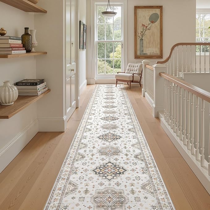 Washable 3x20 Runner Rug - Area Rugs Neutral Vintage Distressed Floral Farmhouse Boho Large Soft Floor Rug Indoor Carpet for Hallway Entryway Home - Blue Brown-Ruum Studio Home