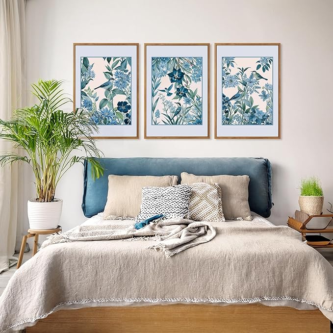 Aurlan Vintage Blue Birds and Botanical Framed Wall Art(16"x24"), 3PCS Classic Chinoiserie Audubon Bird Canvas Artwork, Large Abstract Watercolor Flowers Floral Home Decor for Bedroom Living Room-Ruum Studio Home
