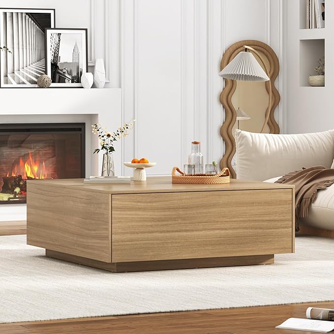 43” Square Coffee Table with Storage, 43" D x 43" W x 17" H Modern Large Square Center Table with 2 Drawers, Wood Coffee Table for Living Room, Light Brown,Bedroom,Light Brown-Ruum Studio Home