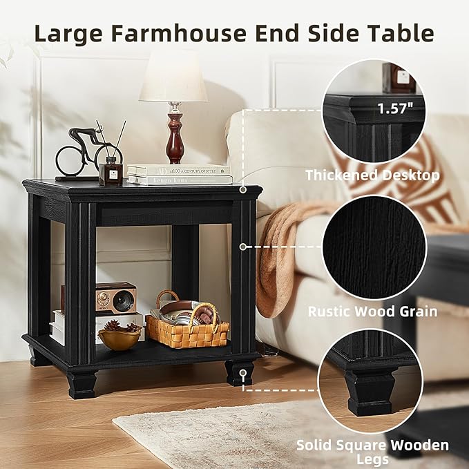 Farmhouse End Table,Large Side Table with 2-Tier Storage Shelf,Rustic Wood End Tables for Living Room,Square Tea Table,Black-Ruum Studio Home