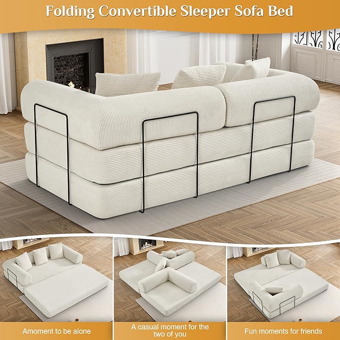 Convertible Sleeper Sofa Bed with Pillow, 4-in-1 Corduroy Folding Mattress Couch with Fixed-Shape Frame, Fold Out Floor Sofa Cama Lounge Couch for Living Room Bedroom Studio, Beige White-Ruum Studio Home