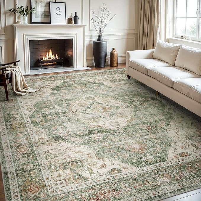 AMOAMI-Area Rug 8X10 Rugs for Living Room-Vintage Soft Green Rugs for Bedroom-Non Slip Carpet-Washable Rug for Dining Room Living Room Bedroom Office Under Table-Ruum Studio Home