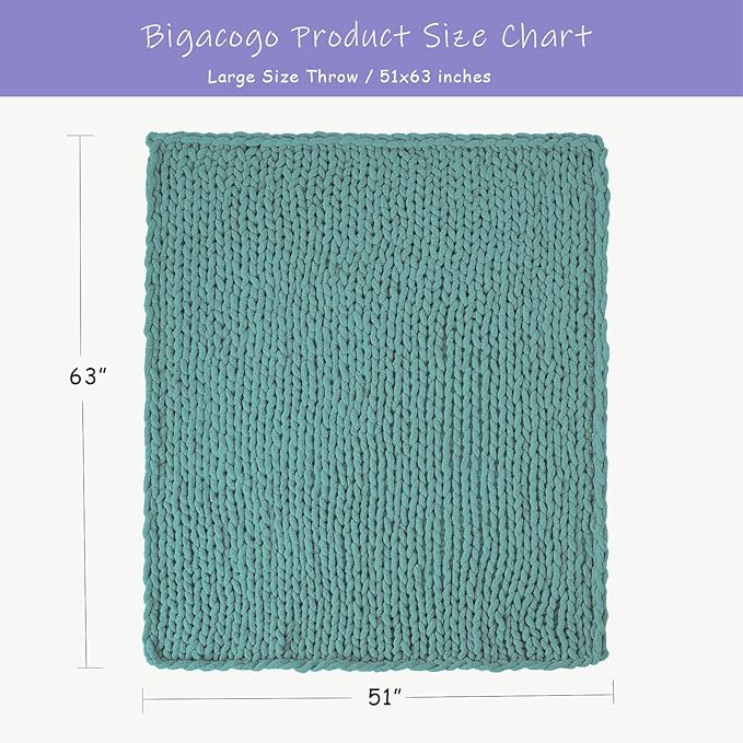 Bigacogo Chunky Knit Throw Blanket for Couch, 51x63 inches, 100% Hand Knitted with Thick Jumbo Chenille Yarn, Cozy Soft Large Rope Knot Cable Crochet Blankets for Sofa Bed Living Room, Light Teal-Ruum Studio Home