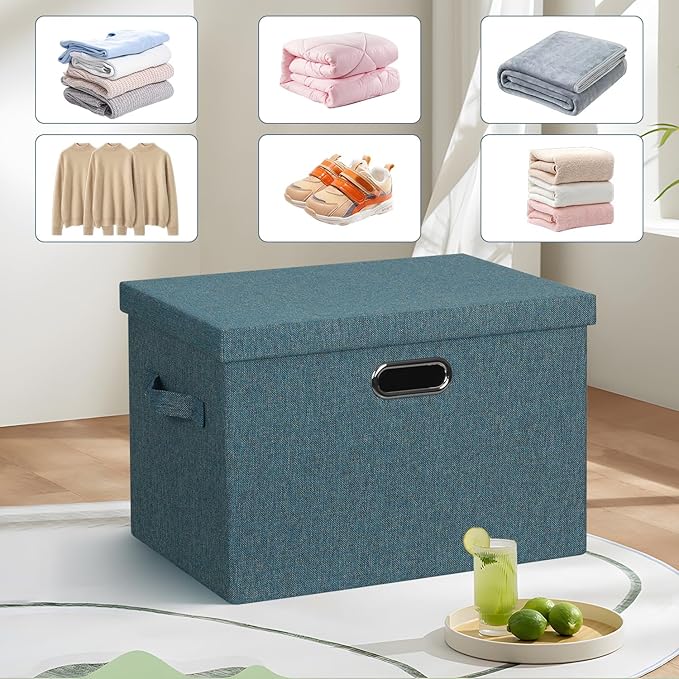 Large 17" 36 Quart Collapsible Stackable Storage Bins with Lids, 3 Packs Blue-Green Linen Fabric Closet Boxes with Lids, Storage Cube Baskets Container Organizers for Bedroom (17x12x11)-Ruum Studio Home