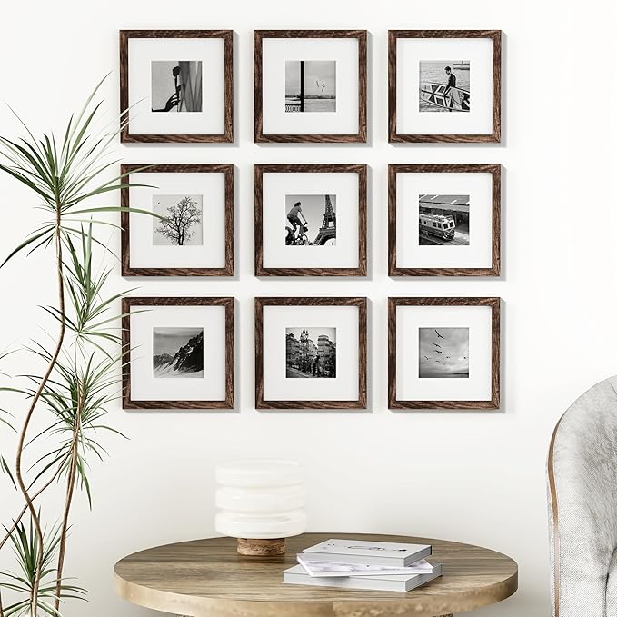 Vittanly 8x8 Picture Frames Set of 9, Shatter Resistant Plexiglass, Display 4x4 Pictures with Mat or 8x8 without Mat, Photo Frames for Wall Mount, Engineered Wood, Brown-Ruum Studio Home
