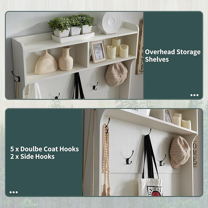 JXQTLINGMU 42" Farmhouse Hall Tree with Shoe Storage, Entryway Bench with 12 Cubbies, 7 Hooks & Barn Doors, Mudroom Coat Rack Cabinet, Off White-Ruum Studio Home