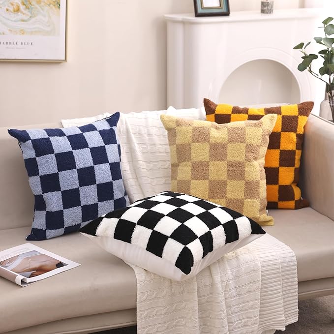 Alysheer Checkered Embroidered Decorative Throw Pillow Covers 18"x 18" Set of 2, Farmhouse Maillard Orange Brown Plaid Tufted Patterned Cotton Canvas Cushion Case for Sofa Couch Bed Living Room-Ruum Studio Home
