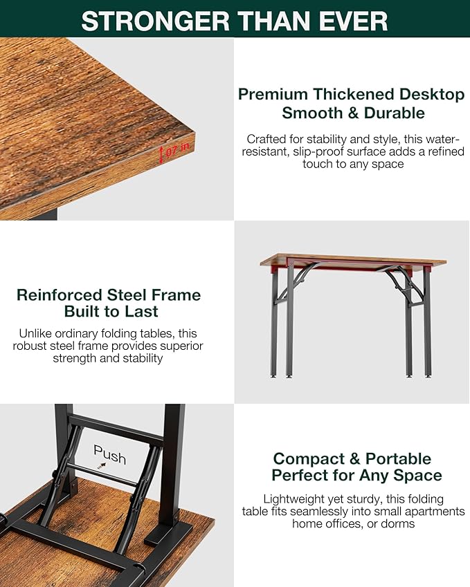 Frylr Small Folding Computer Desk – 55.1 Inch Portable Table for Craft and Study, Lightweight Desk for Small Spaces, Foldable Laptop Table Built-in AC/USB Outlets for Convenience, Rustic Brown-Ruum Studio Home