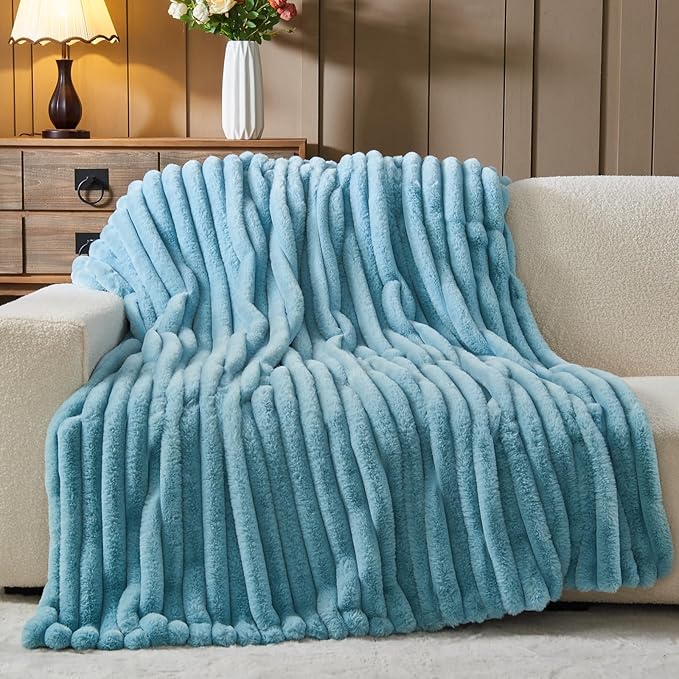 NEWCOSPLAY Faux Fur Throw Blanket Blue 3D Ribbed Plush Thick Warm Blanket for Couch Sofa Bed 850GSM (Blue Ribbed, Throw(50"x60"))-Ruum Studio Home