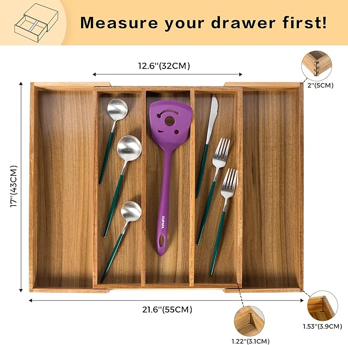 Utoplike Acacia Kitchen Drawer Organizer Expandable, Large Utensils and Cutlery Tray, Adjustable Silverware Divider for Knives Flatware-Ruum Studio Home