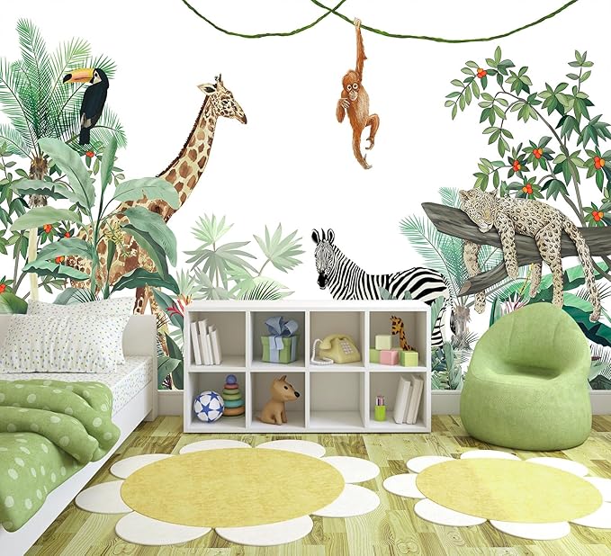 WFBHUA-Kids Safari Wallpaper Tropical Jungle Botanical Leaf Wall Mural for Nursery Boys Bedroom Girls Bedroom Playroom (Not Peel and Stick)-Ruum Studio Home