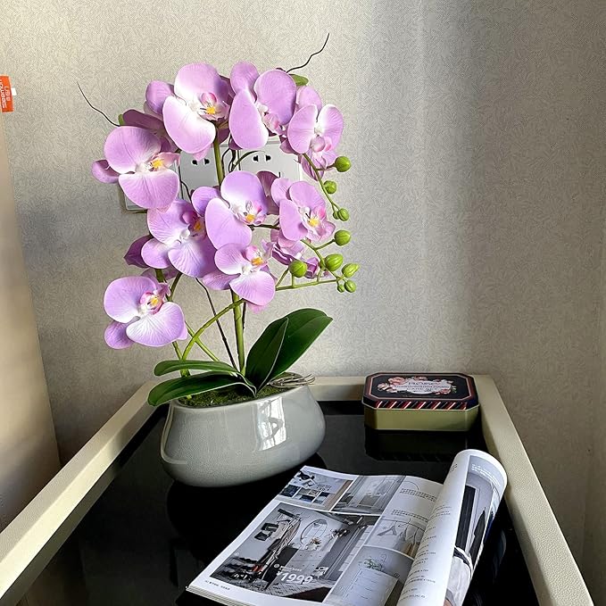 SJC Orchids Artificial Flowers with Gray Vase Purple Faux Orchid Phalaenopsis Arrangements for Kitchen Table Centerpiece Home Decoration Indoor(3.54" D x 7.87" W x 20" H)-Ruum Studio Home