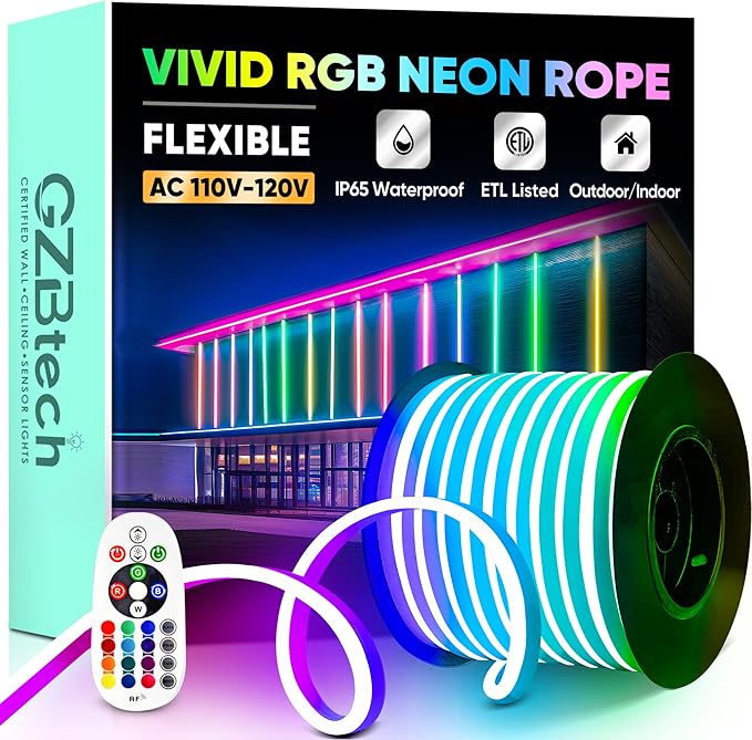GZBtech RGB LED Neon Rope Lights 100FT/30M, AC 110-120V Waterproof Color Changing LED Rope with Remote Controller, Dimmable Multi Color Neon Rope Lighting for Indoor Outdoor Commercial Use-Ruum Studio Home