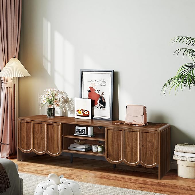 ORRD 63'' TV Stand, Modern TV Console Table Wave Panel Television Stands Entertainment Media Center with Storage Compartment and Sliding Door for Living Room (Walnut)-Ruum Studio Home