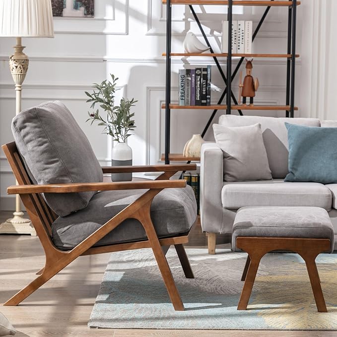 Wahson Mid Century Arm Chair and Ottoman Set, Upholstered Accent Armchair with Wood Frame and Canvas Cushions, Leisure Slipper Chair for Living Room/Bedroom, Grey-Ruum Studio Home